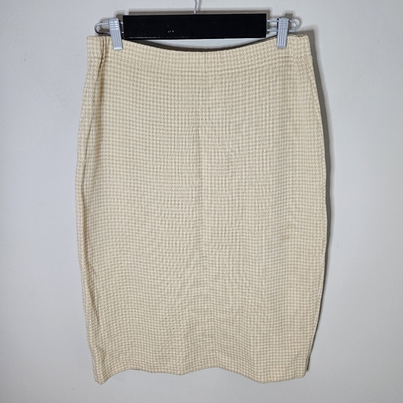 St. John Houndstooth Santana Knit Midi Skirt Tan Cream Unlined Elastic Waist 12 - Picture 1 of 4
